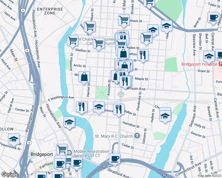 map of restaurants, bars, coffee shops, grocery stores, and more near 378 Barnum Avenue in Bridgeport