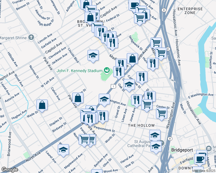 map of restaurants, bars, coffee shops, grocery stores, and more near 1408 North Avenue in Bridgeport