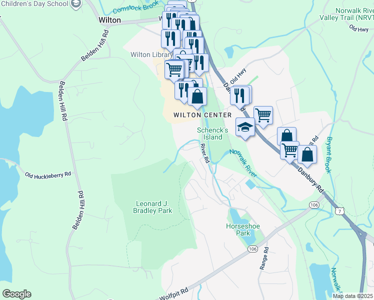 map of restaurants, bars, coffee shops, grocery stores, and more near 55 Village Walk in Wilton