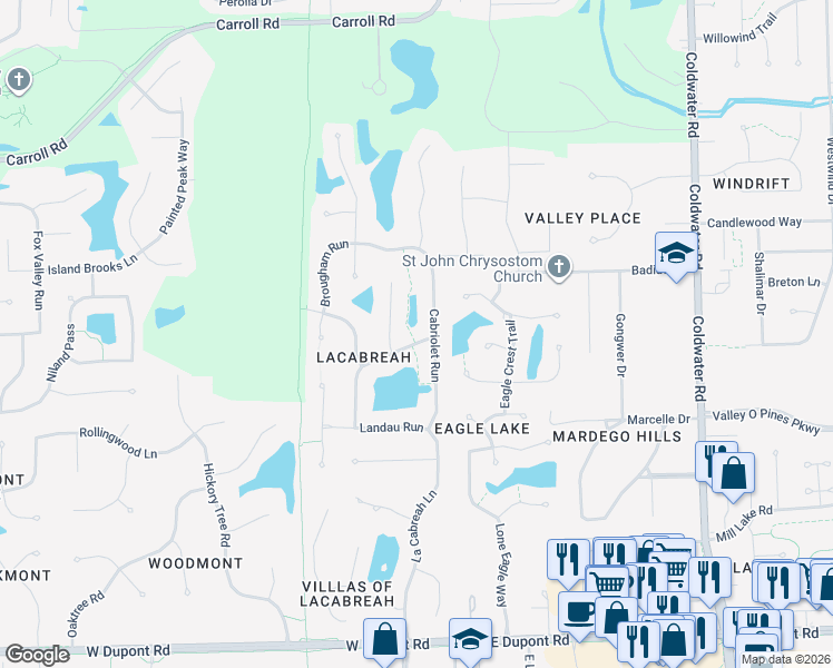 map of restaurants, bars, coffee shops, grocery stores, and more near 11309 Cabriolet Run in Fort Wayne