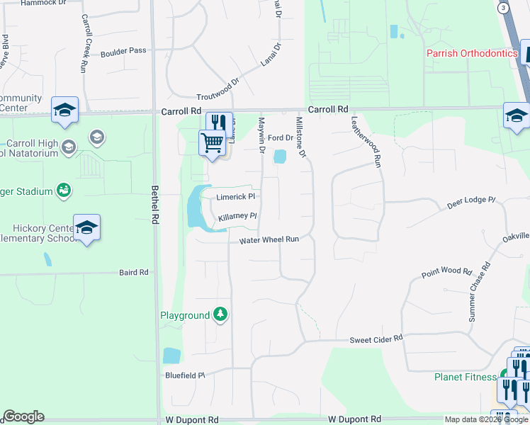 map of restaurants, bars, coffee shops, grocery stores, and more near 11512 Maywin Drive in Fort Wayne