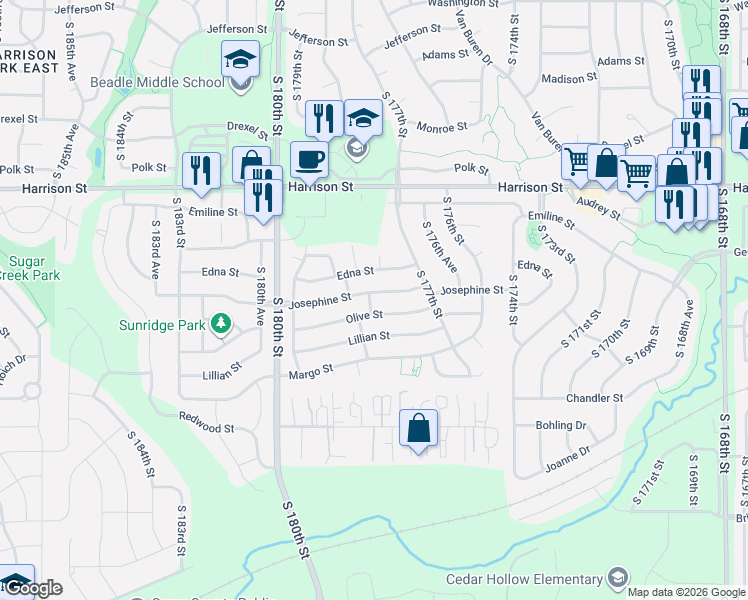 map of restaurants, bars, coffee shops, grocery stores, and more near 17735 Josephine Street in Omaha