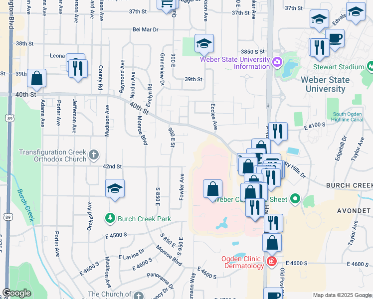 map of restaurants, bars, coffee shops, grocery stores, and more near 4128 South 950 East in Ogden