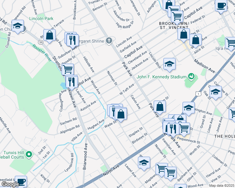 map of restaurants, bars, coffee shops, grocery stores, and more near 622 West Taft Avenue in Bridgeport