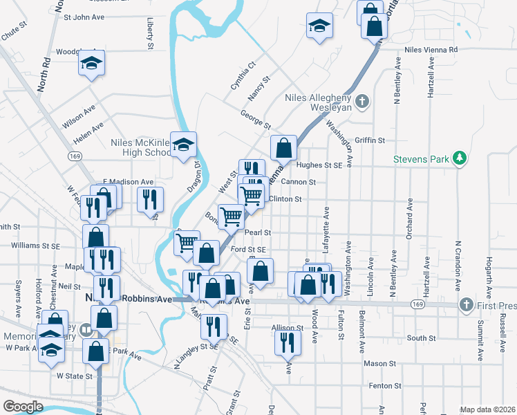 map of restaurants, bars, coffee shops, grocery stores, and more near 405 Vienna Ave in Niles