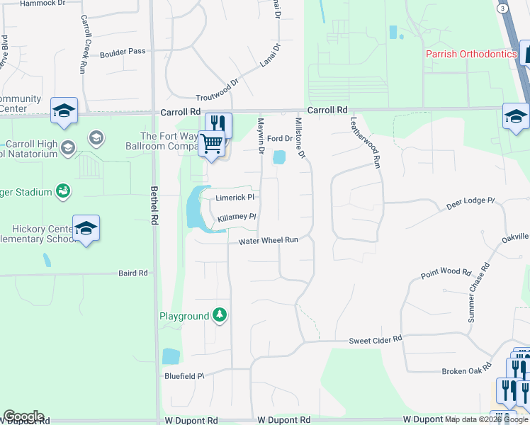 map of restaurants, bars, coffee shops, grocery stores, and more near 11512 Maywin Drive in Fort Wayne