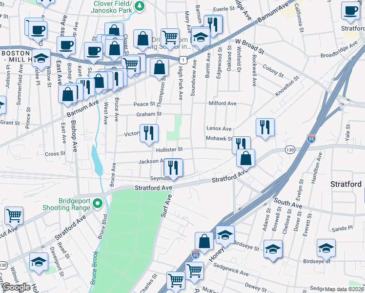 map of restaurants, bars, coffee shops, grocery stores, and more near 234 Hollister Street in Stratford