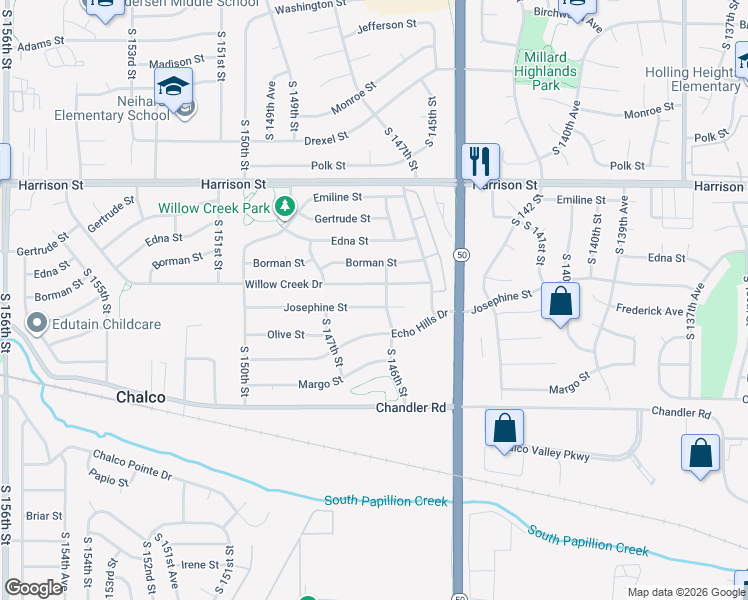 map of restaurants, bars, coffee shops, grocery stores, and more near 14606 Josephine Street in Omaha