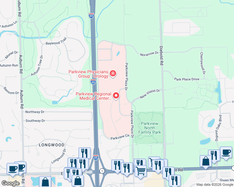 map of restaurants, bars, coffee shops, grocery stores, and more near 11109 Parkview Plaza Drive in Fort Wayne