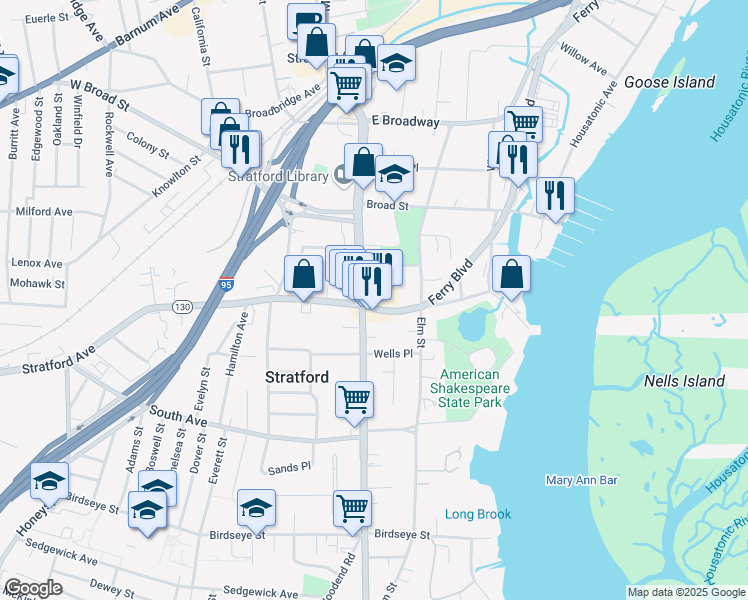 map of restaurants, bars, coffee shops, grocery stores, and more near 1000 Stratford Avenue in Stratford