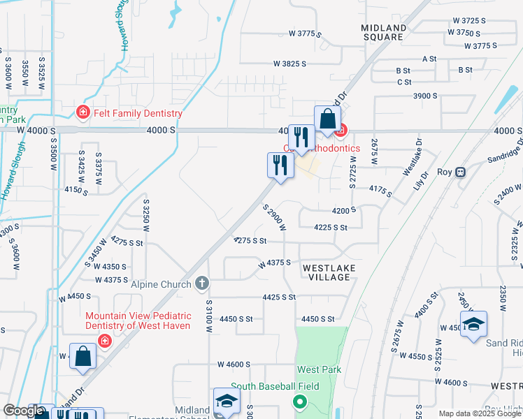 map of restaurants, bars, coffee shops, grocery stores, and more near 4204 Midland Dr in Roy