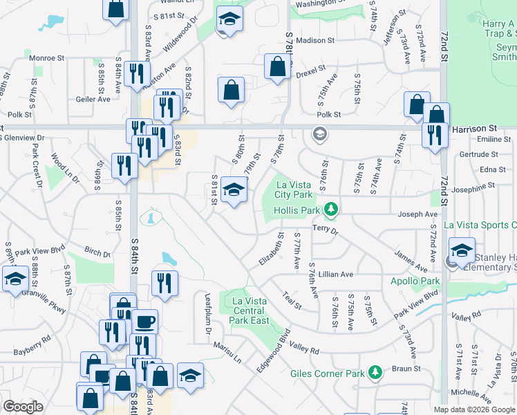map of restaurants, bars, coffee shops, grocery stores, and more near 7210 South 78th Street in La Vista