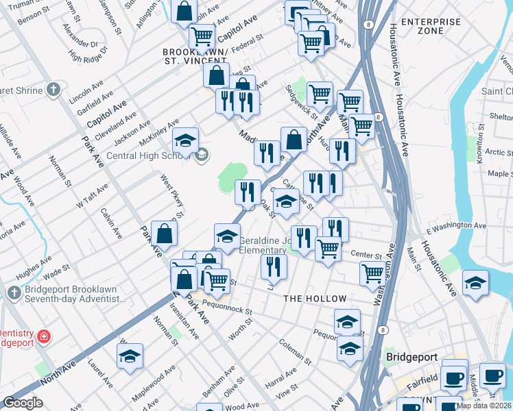 map of restaurants, bars, coffee shops, grocery stores, and more near 1375 North Avenue in Bridgeport