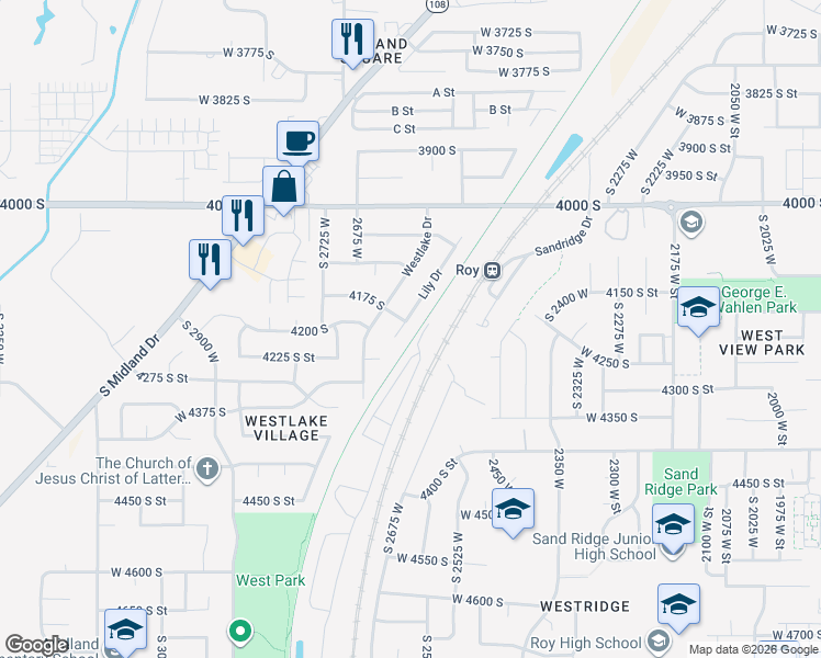 map of restaurants, bars, coffee shops, grocery stores, and more near 4176 Lily Drive in Roy