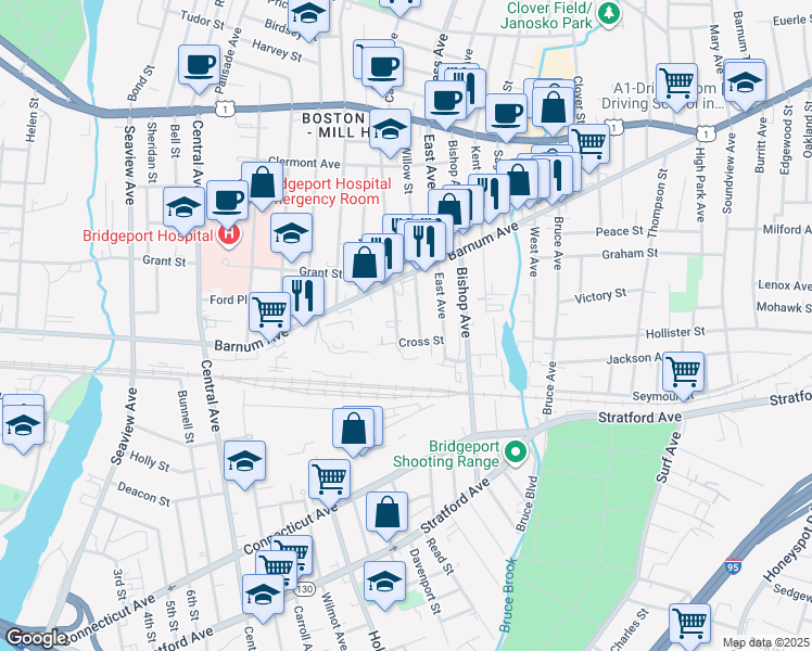 map of restaurants, bars, coffee shops, grocery stores, and more near 75 Elizabeth Street in Bridgeport