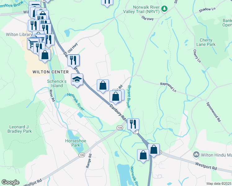 map of restaurants, bars, coffee shops, grocery stores, and more near 16 Sharp Hill Road in Wilton