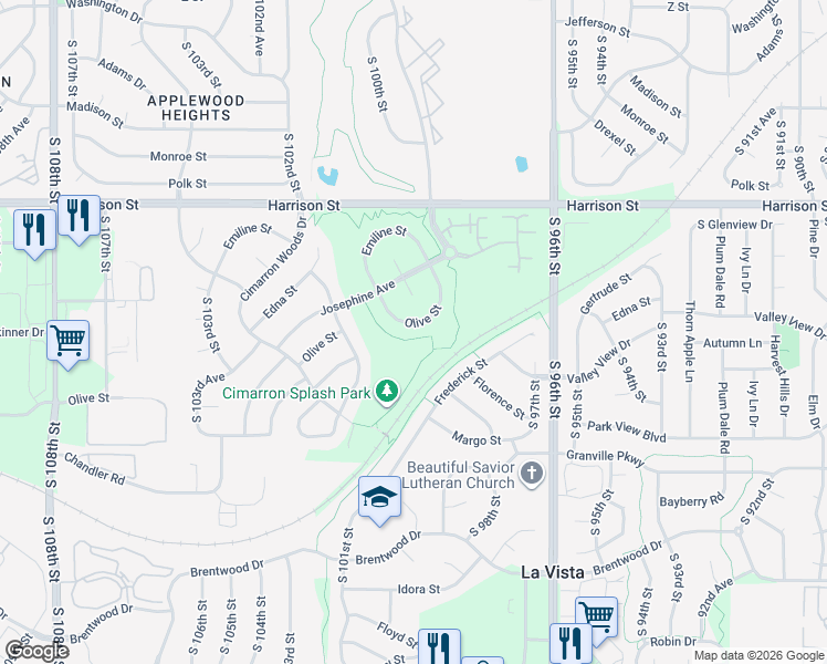 map of restaurants, bars, coffee shops, grocery stores, and more near 9957 Olive Street in La Vista