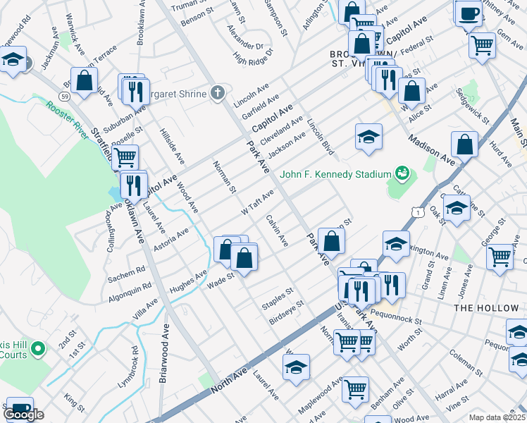 map of restaurants, bars, coffee shops, grocery stores, and more near 80 Dixon Street in Bridgeport