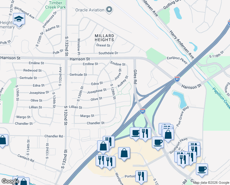 map of restaurants, bars, coffee shops, grocery stores, and more near 7311 South 128th Street in Omaha