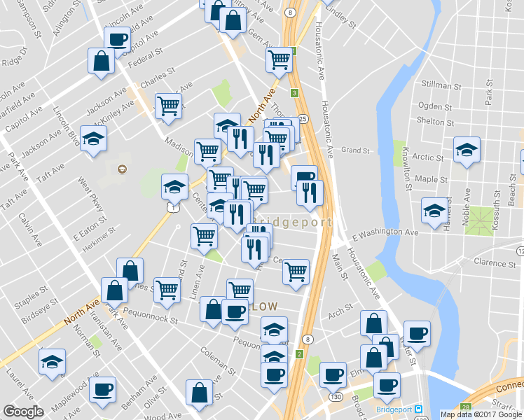 map of restaurants, bars, coffee shops, grocery stores, and more near 166 George Street in Bridgeport