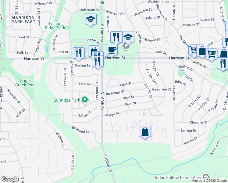 map of restaurants, bars, coffee shops, grocery stores, and more near 17840 Josephine Street in Omaha