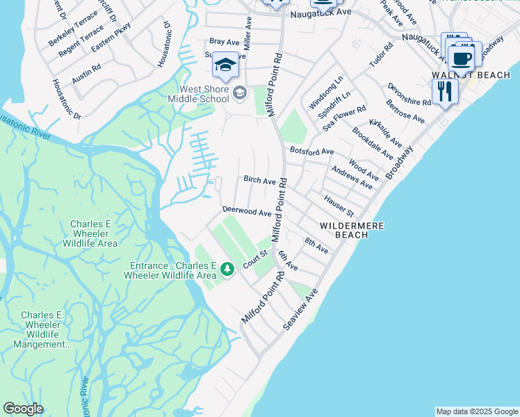 map of restaurants, bars, coffee shops, grocery stores, and more near 25 Deerwood Avenue in Milford