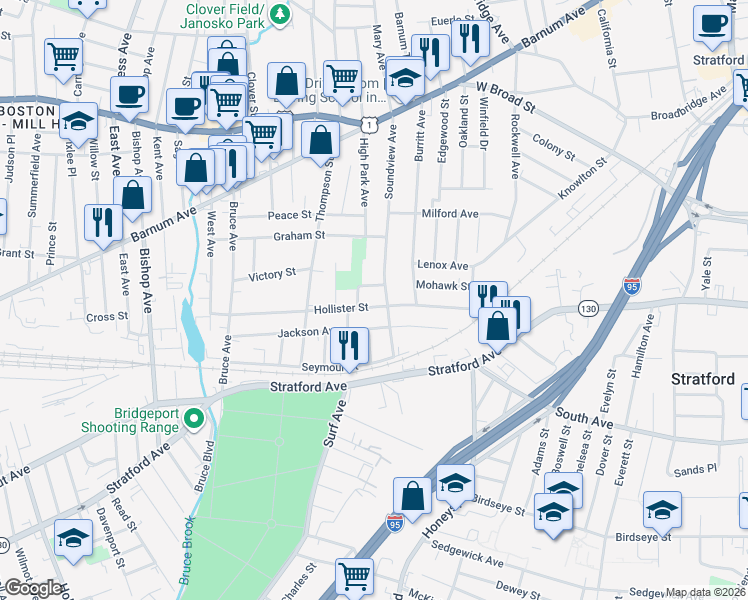map of restaurants, bars, coffee shops, grocery stores, and more near 234 Hollister Street in Stratford
