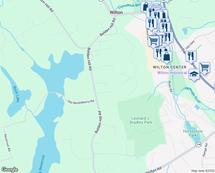 map of restaurants, bars, coffee shops, grocery stores, and more near 128 Belden Hill Road in Wilton