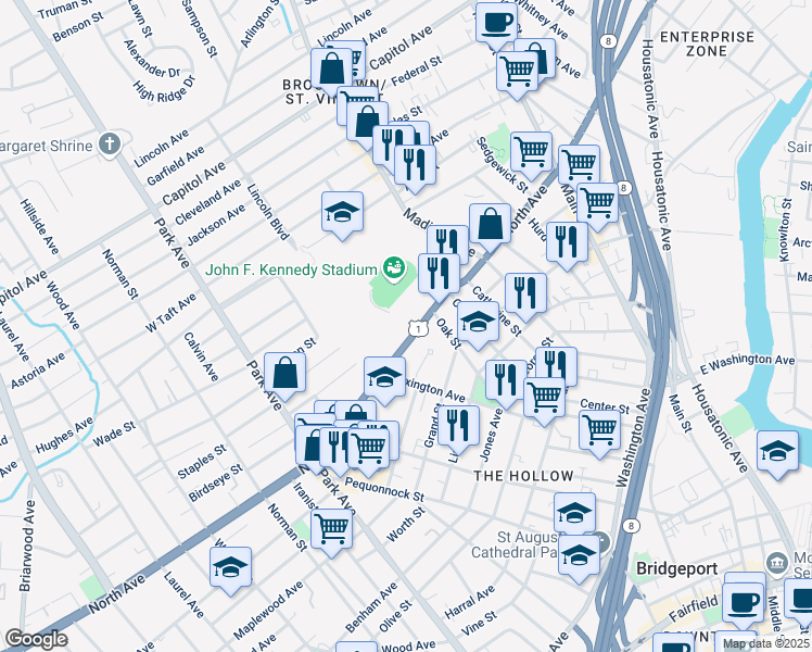 map of restaurants, bars, coffee shops, grocery stores, and more near 1408 North Avenue in Bridgeport