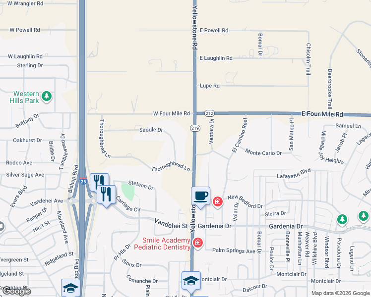 map of restaurants, bars, coffee shops, grocery stores, and more near 208 Saddle Drive in Cheyenne