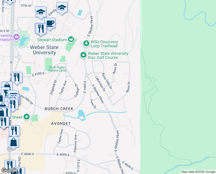 map of restaurants, bars, coffee shops, grocery stores, and more near 1723 Ross Dr in Ogden