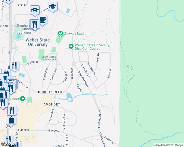 map of restaurants, bars, coffee shops, grocery stores, and more near 1723 Ross Drive in Ogden