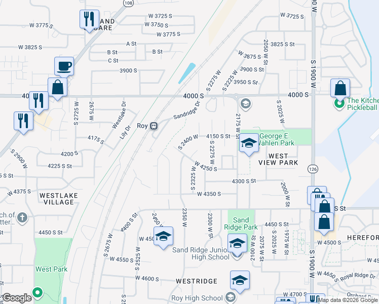 map of restaurants, bars, coffee shops, grocery stores, and more near 2340 West 4250 South in Roy