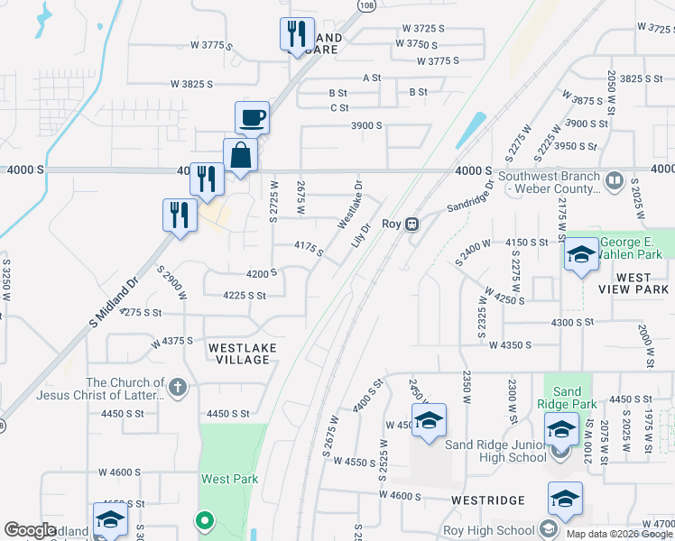 map of restaurants, bars, coffee shops, grocery stores, and more near 4176 Lily Drive in Roy