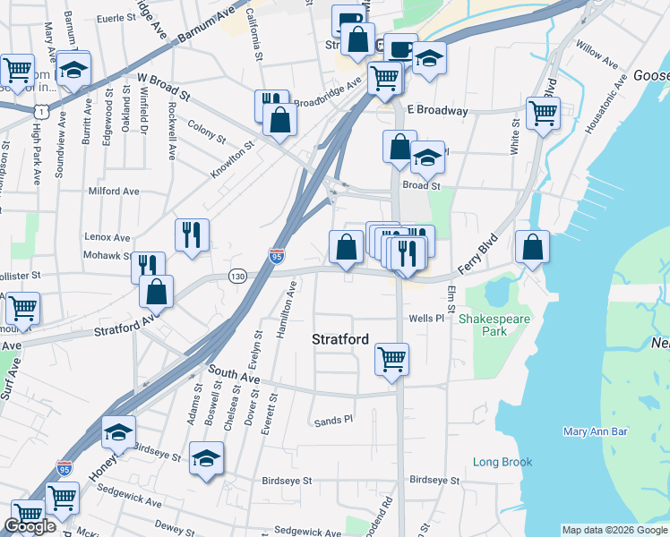 map of restaurants, bars, coffee shops, grocery stores, and more near in Stratford