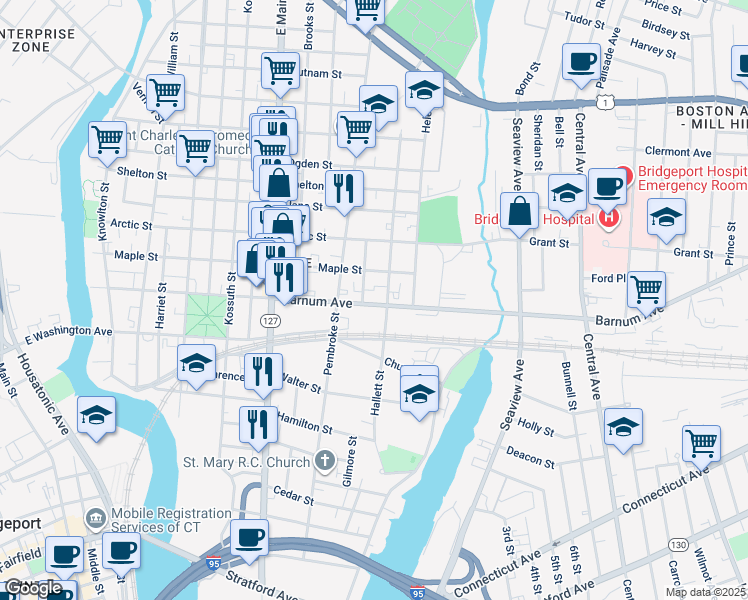 map of restaurants, bars, coffee shops, grocery stores, and more near 693 Barnum Avenue in Bridgeport