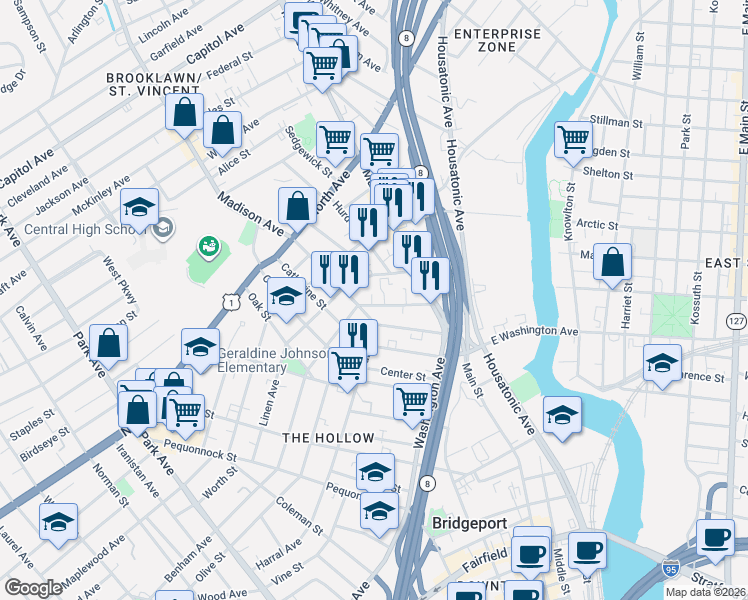 map of restaurants, bars, coffee shops, grocery stores, and more near 166 George Street in Bridgeport