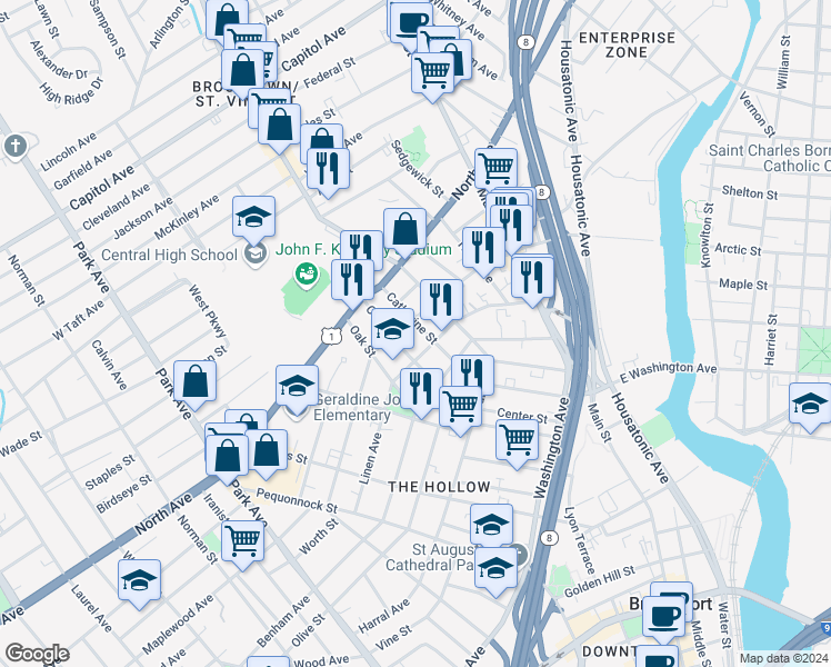 map of restaurants, bars, coffee shops, grocery stores, and more near 376 Center Street in Bridgeport