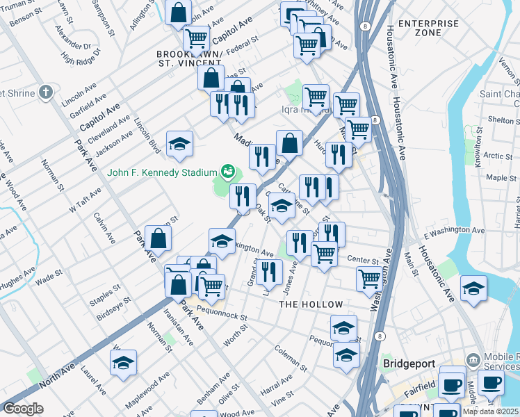 map of restaurants, bars, coffee shops, grocery stores, and more near 226 Oak Street in Bridgeport