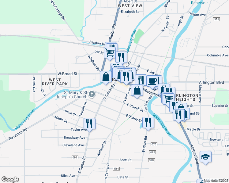 map of restaurants, bars, coffee shops, grocery stores, and more near 115 South Canal Street in Newton Falls