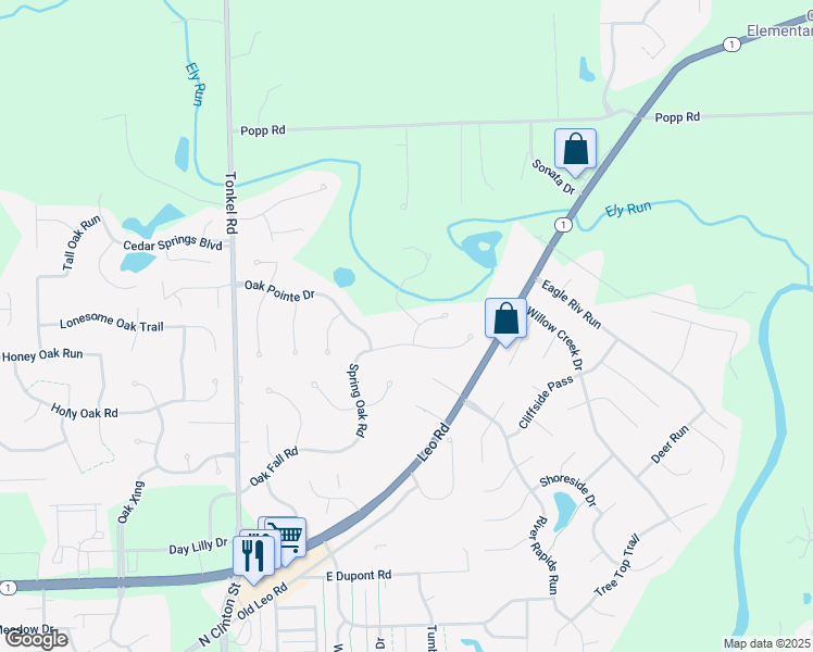 map of restaurants, bars, coffee shops, grocery stores, and more near 5923 Spring Pond Road in Fort Wayne