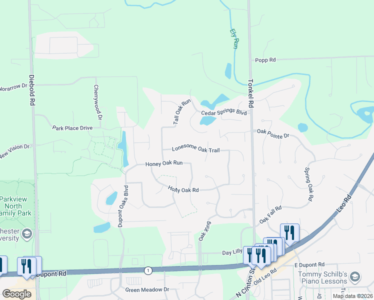 map of restaurants, bars, coffee shops, grocery stores, and more near 5002 Lonesome Oak Trail in Fort Wayne