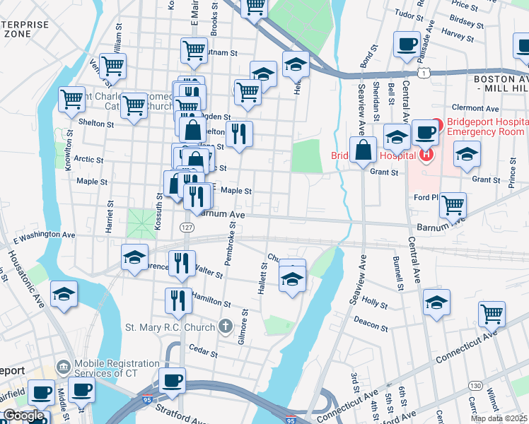 map of restaurants, bars, coffee shops, grocery stores, and more near 693 Barnum Avenue in Bridgeport
