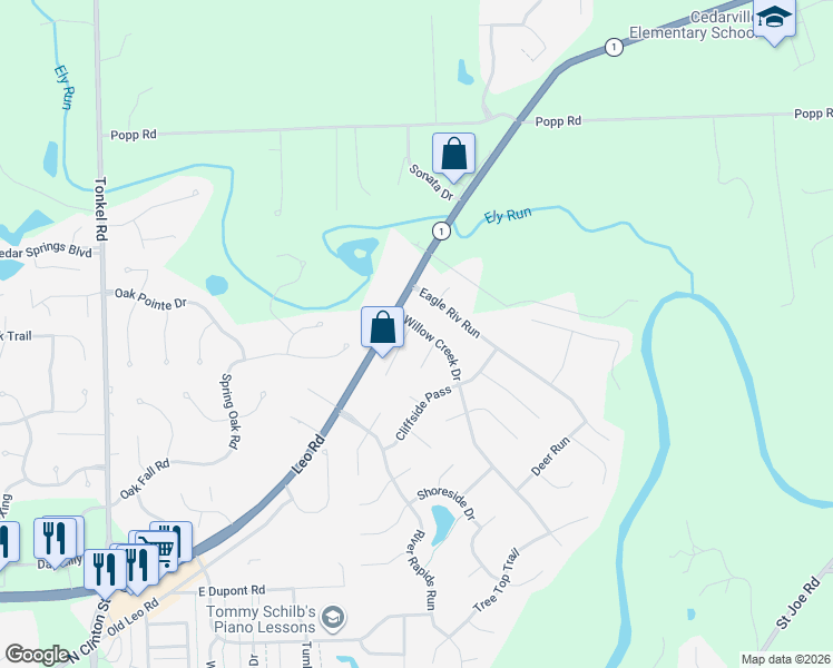 map of restaurants, bars, coffee shops, grocery stores, and more near 11127 Willow Creek Drive in Fort Wayne