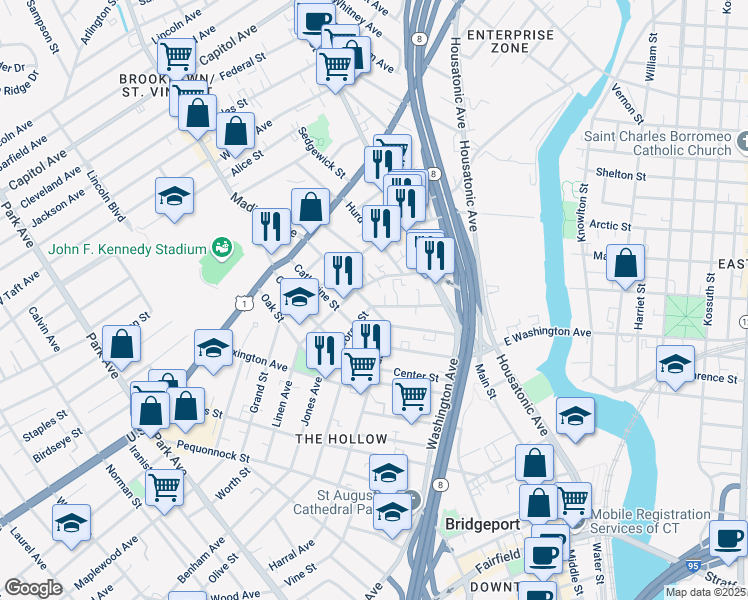 map of restaurants, bars, coffee shops, grocery stores, and more near 166 George Street in Bridgeport