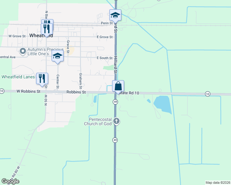 map of restaurants, bars, coffee shops, grocery stores, and more near 51 East State Road 10 in Wheatfield