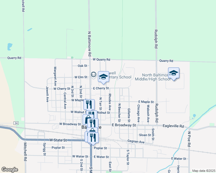 map of restaurants, bars, coffee shops, grocery stores, and more near 500 Eastview Drive in North Baltimore