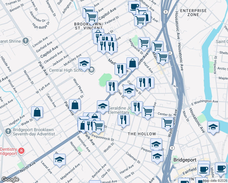 map of restaurants, bars, coffee shops, grocery stores, and more near 1375 North Avenue in Bridgeport