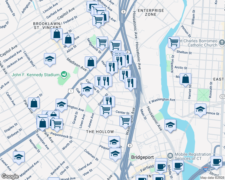 map of restaurants, bars, coffee shops, grocery stores, and more near 146 George Street in Bridgeport