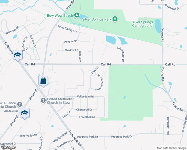 map of restaurants, bars, coffee shops, grocery stores, and more near 4931 Friar Road in Stow